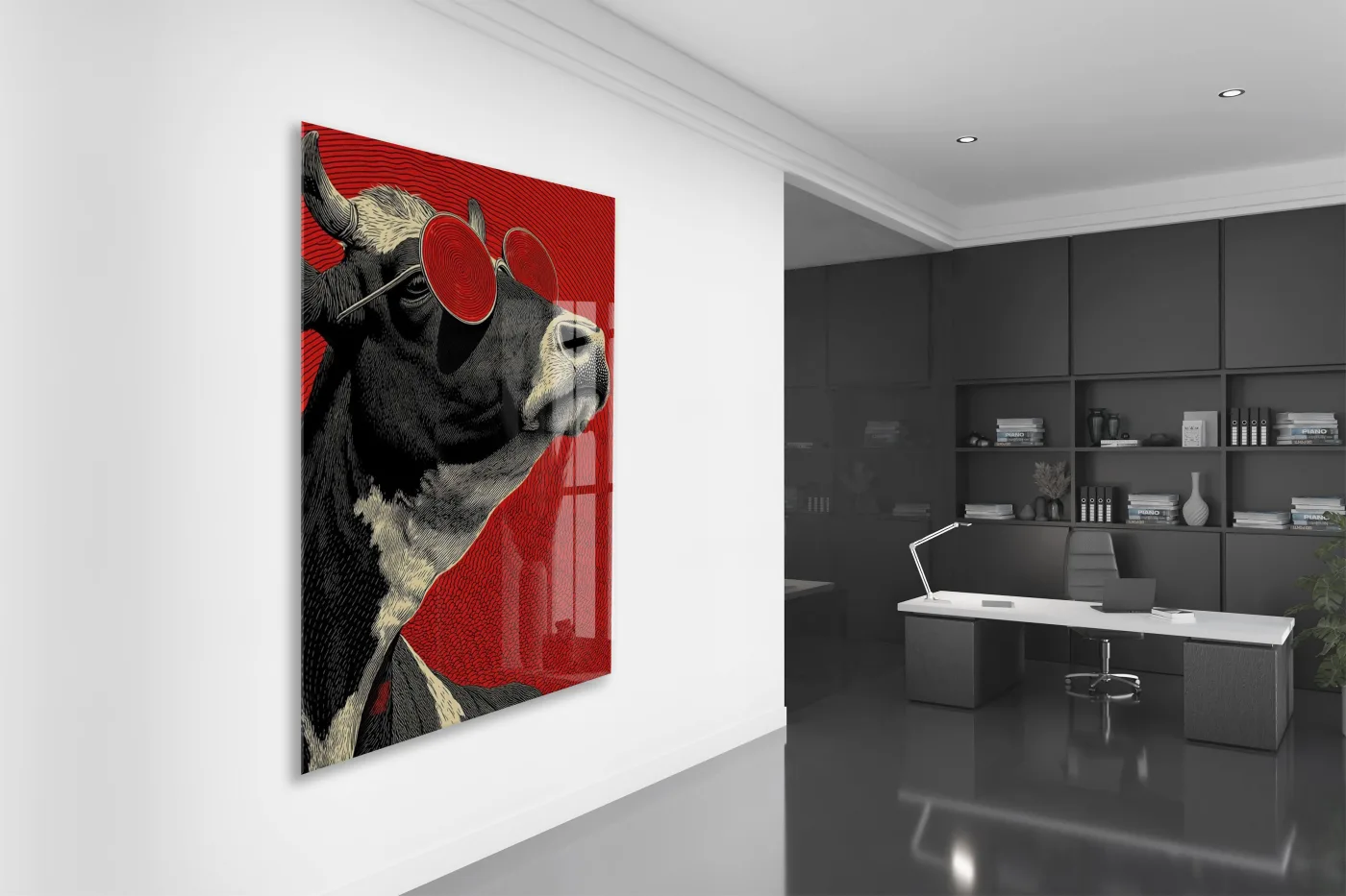 Pop Art Tarzı Boğa Cam Tablo – Kırmızı Arka Planlı Karizmatik Duvar Dekoru - Peony077 — görsel 5