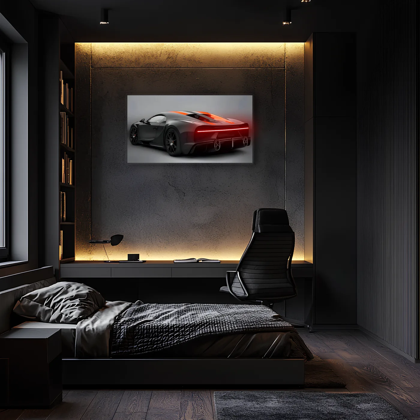 Siyah Bugatti Tarzı UV Baskı Neon Duvar Dekoru | Pleksi Işıklı Süper Araba Tablo | Modern Ev ve Ofis Dekoru — görsel 1