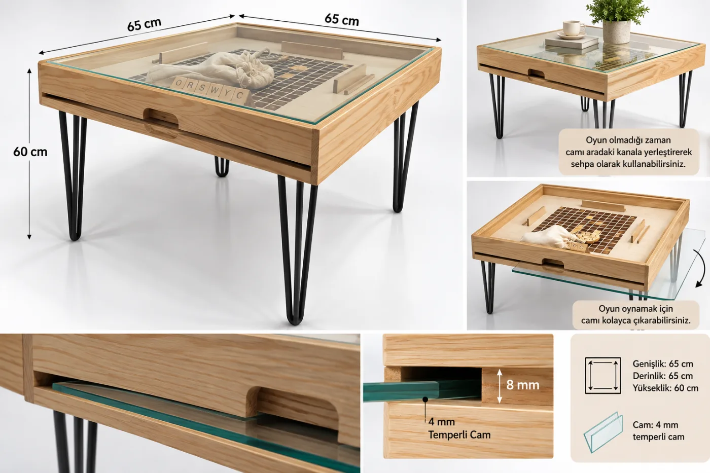 Ahşap Kelime Oyunu Sehpası – 4 mm Temperli Camlı Çok Amaçlı Oyun ve Orta Sehpa — görsel 8
