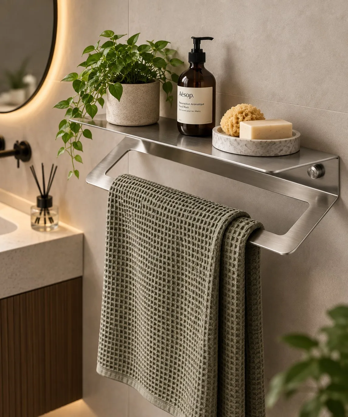 Vetra | Paslanmaz Çelik Havluluk ve Banyo Duvar Rafı – 40 cm Fırçalı Metal Modern Raflı Havlu Askısı — görsel 4
