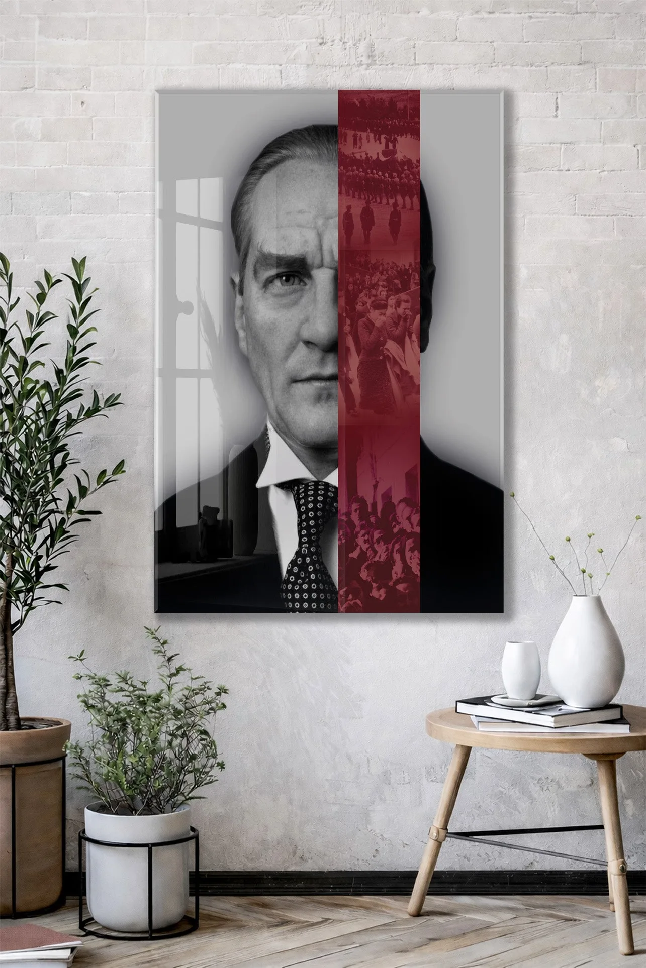 Atatürk Cam Tablo – Lider ve Millet Temalı, Kırmızı Şerit Detaylı 4 mm Temperli Cam Duvar Dekoru -PeonyAta1019 — görsel 3