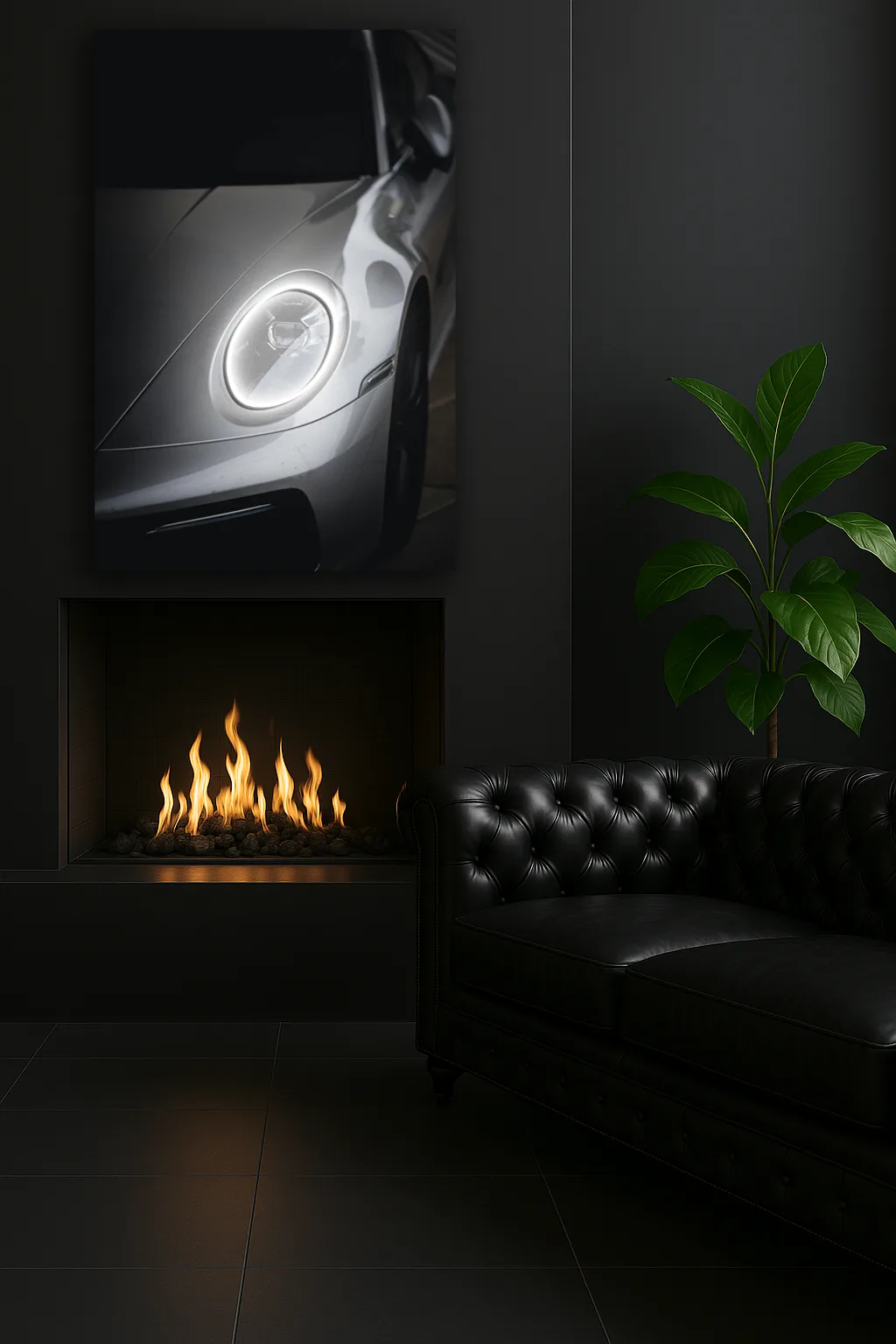 Gri Spor Otomobil UV Baskı Neon Tablo | Yuvarlak LED Far Detaylı Pleksi Duvar Dekoru | Minimalist Otomobil Sanatı — görsel 3