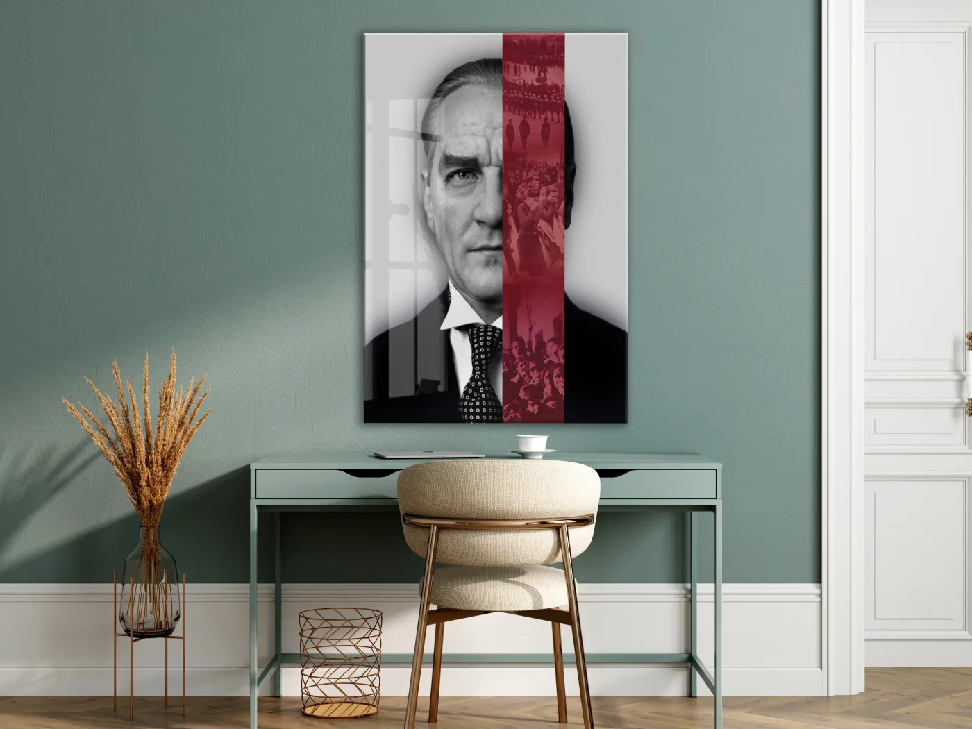Atatürk Cam Tablo – Lider ve Millet Temalı, Kırmızı Şerit Detaylı 4 mm Temperli Cam Duvar Dekoru -PeonyAta1019 — görsel 7