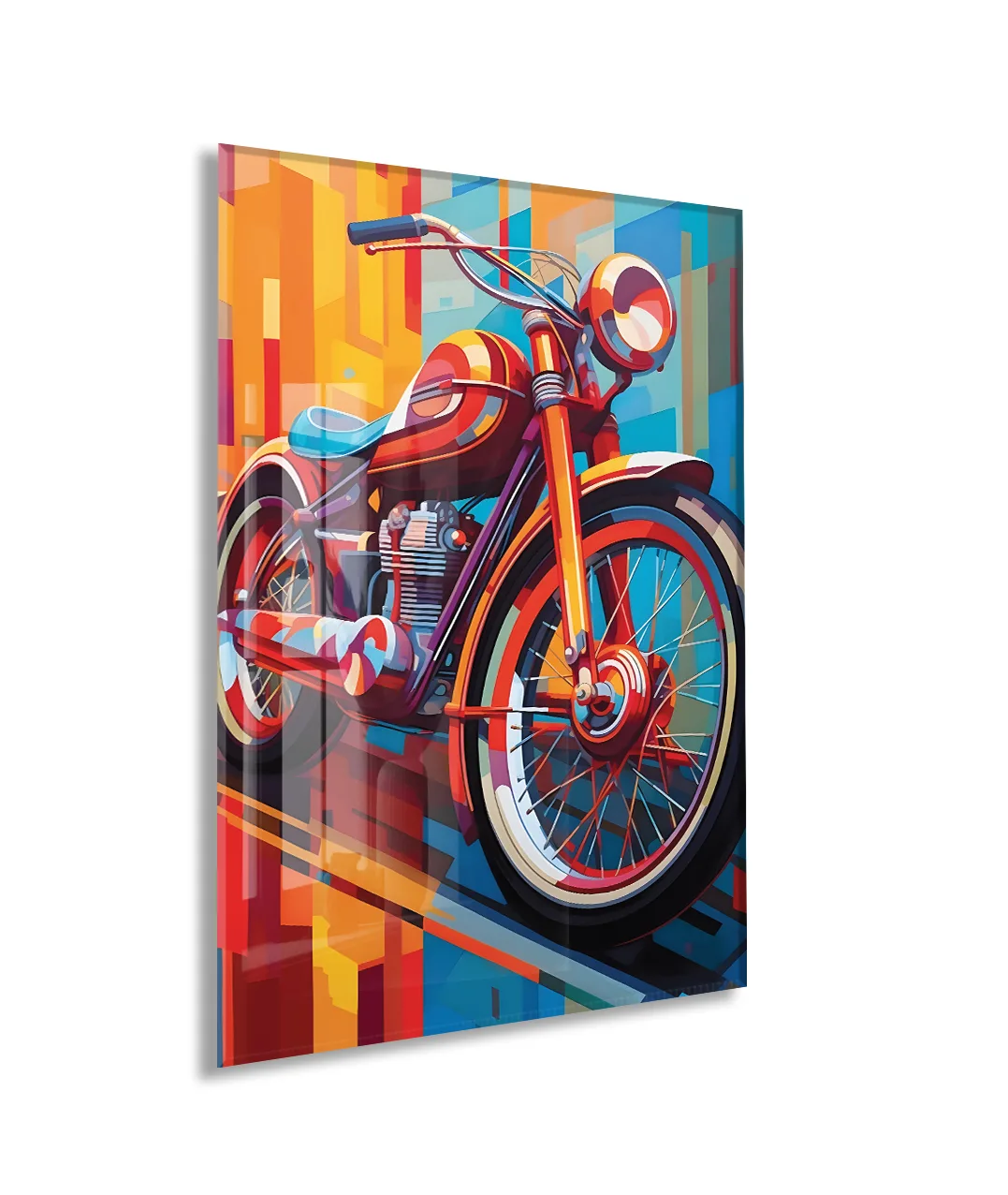 Retro Motosiklet Cam Tablo – Modern Geometrik Stil, Renkli UV Baskılı Temperli Cam Duvar Tablosu - Peony039 — görsel 1