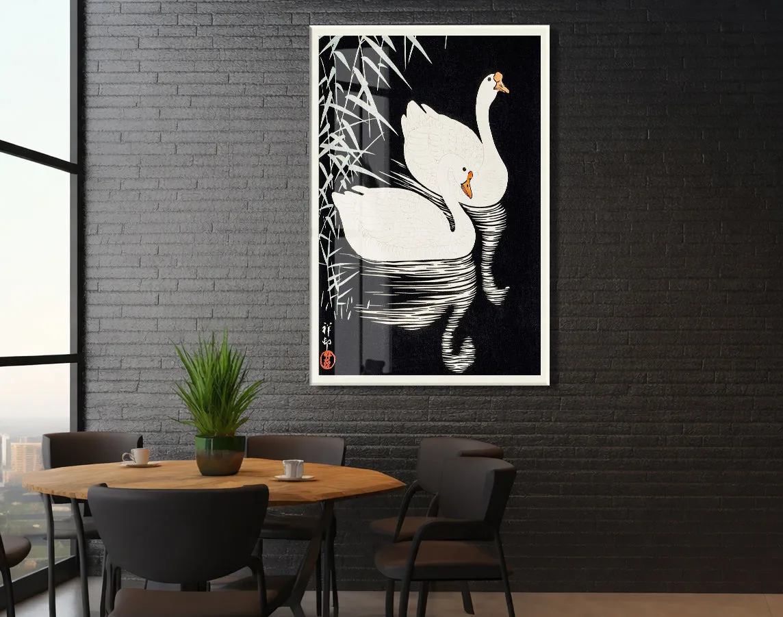 Japon Kuğuları Cam Tablo | Minimal Siyah Beyaz Ukiyo-e UV Baskılı Temperli Cam Tablo- Peony166 — görsel 5