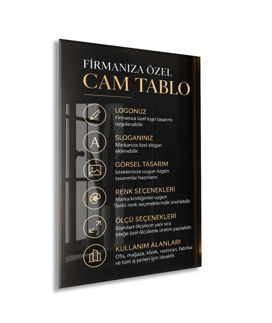 İşyerine Özel Cam Tablo – Logo ve Slogan Baskılı Kişiye Özel 4 mm Temperli Cam Kurumsal Duvar Tablosu – Premium UV Baskı — görsel 3
