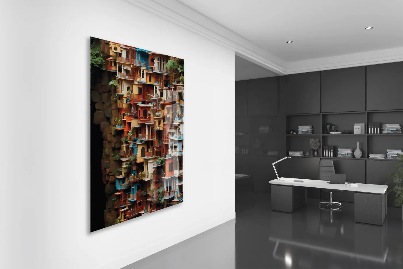 Modern Renkli Şehir Cepheleri Cam Tablo – Mimari ve Kentsel Sanat Temalı UV Baskılı Temperli Cam Duvar Tablosu - Peony019 — görsel 4