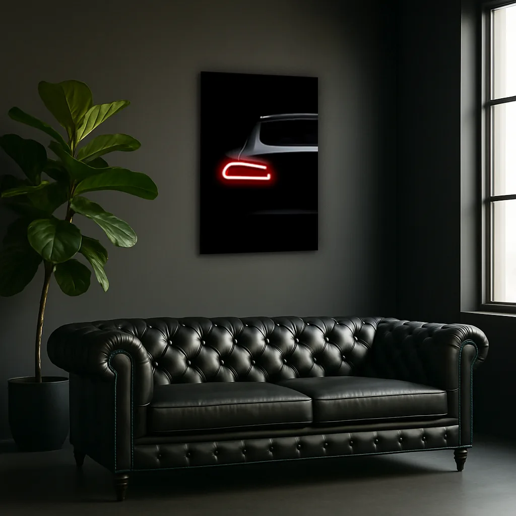 Minimalist Siyah Araba UV Baskı Neon Duvar Dekoru | Kırmızı Işıklı Pleksi Tablo | Modern Salon ve Ofis Duvar Sanatı — görsel 2