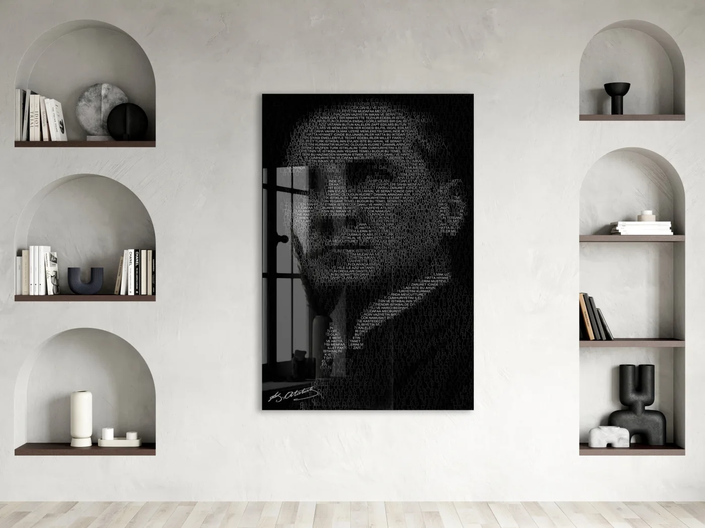 Atatürk Silüet Cam Baskı Tablo | Nutuk Metinli Siyah Beyaz Modern Duvar Dekoru, 4mm Temperli Cam, Yüksek Çözünürlüklü UV Baskı PeonyAta045 — görsel 2