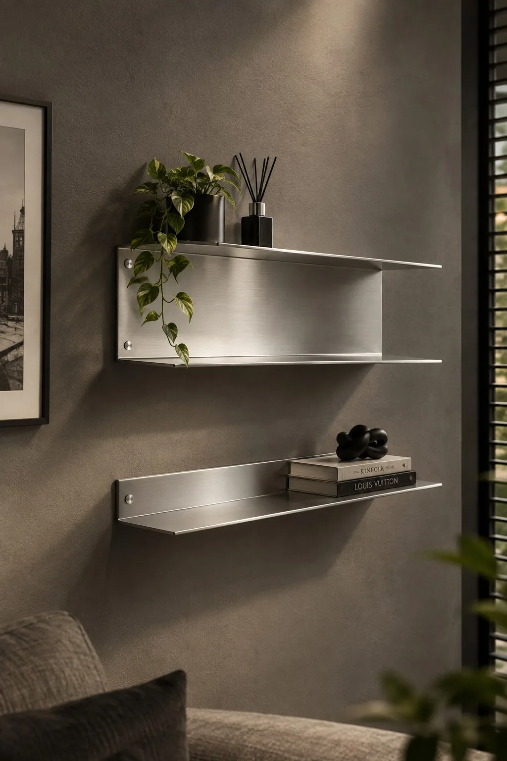 NIVO | Paslanmaz Çelik U Duvar Rafı – Fırçalı Metal Modern Dekoratif Raf — görsel 3