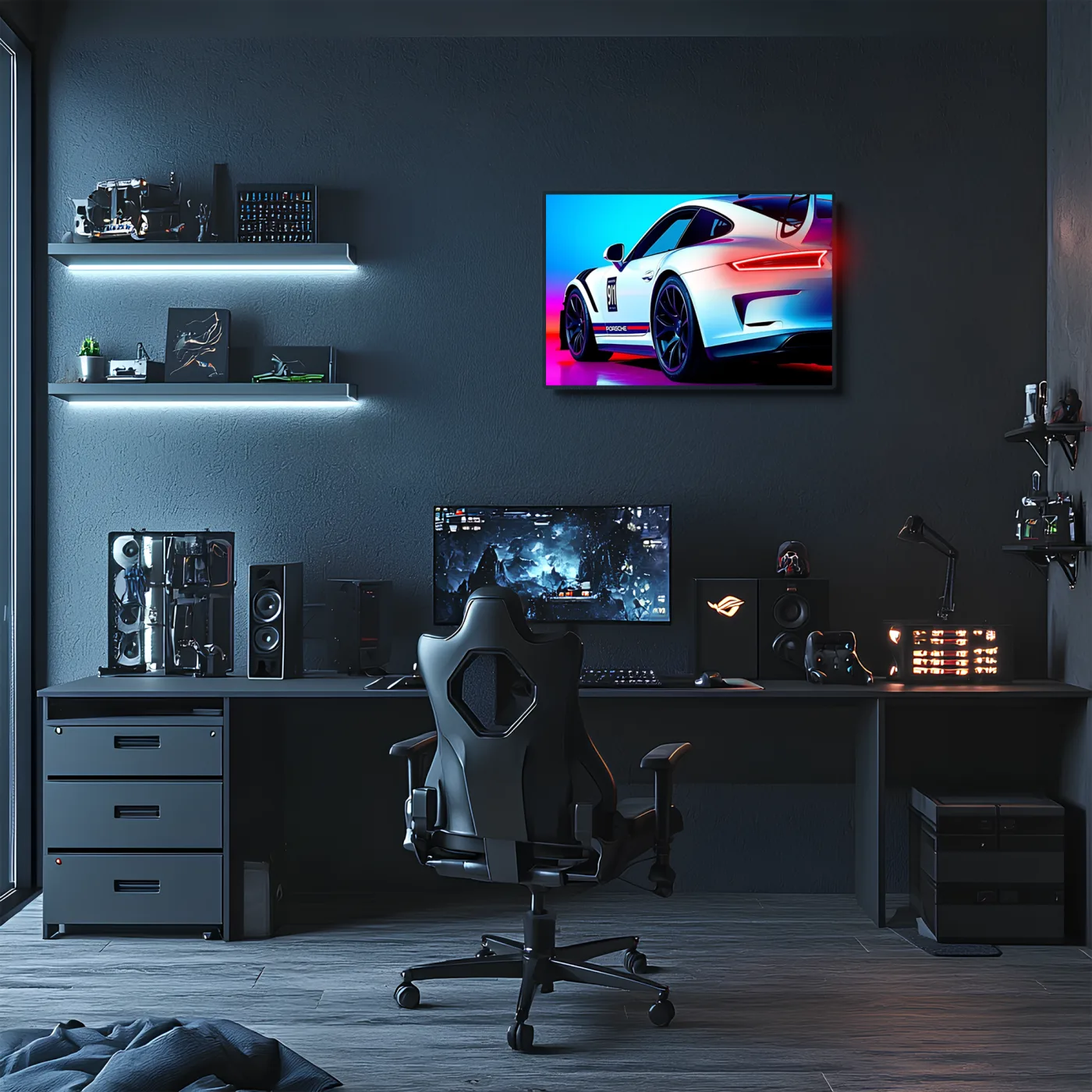 Beyaz GT Yarış Araba UV Baskı Neon Duvar Dekoru | Pleksi Işıklı Spor Araba Tablo | Gamer Room Duvar Sanatı — görsel 2