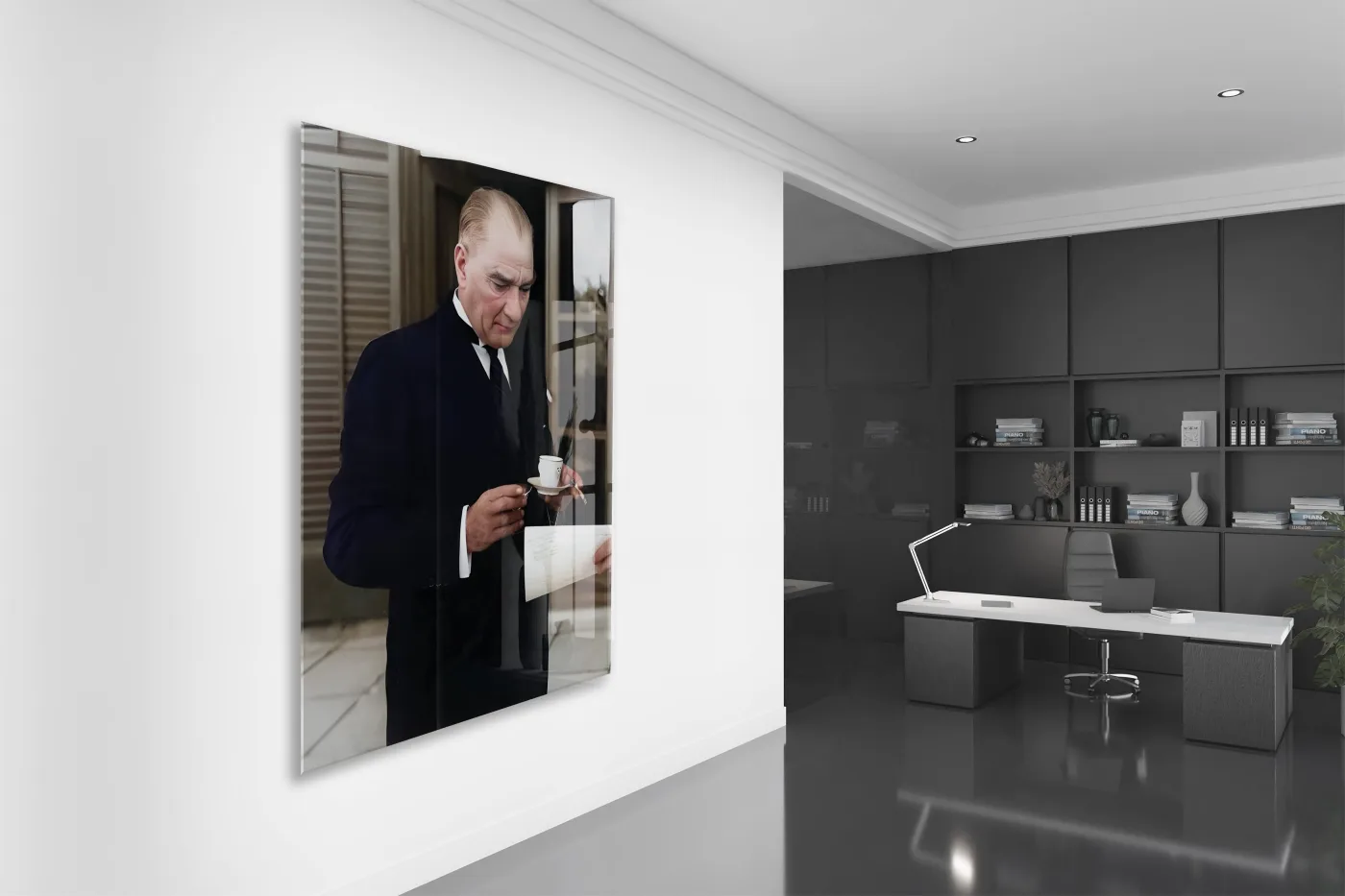 Atatürk Cam Tablo – Çalışma Anı Tasarımı, 4 mm Temperli Cam Üzerine Zarif ve Prestijli Duvar Dekoru -PeonyAta1024 — görsel 5