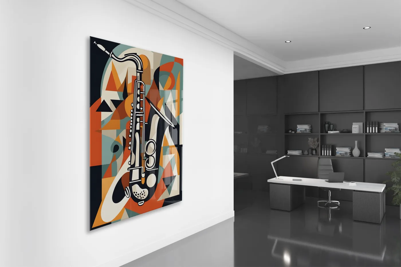 Soyut Saksafon Cam Tablo – Modern Jazz Temalı, UV Baskılı Temperli Cam Duvar Dekoru - Peony041 — görsel 4