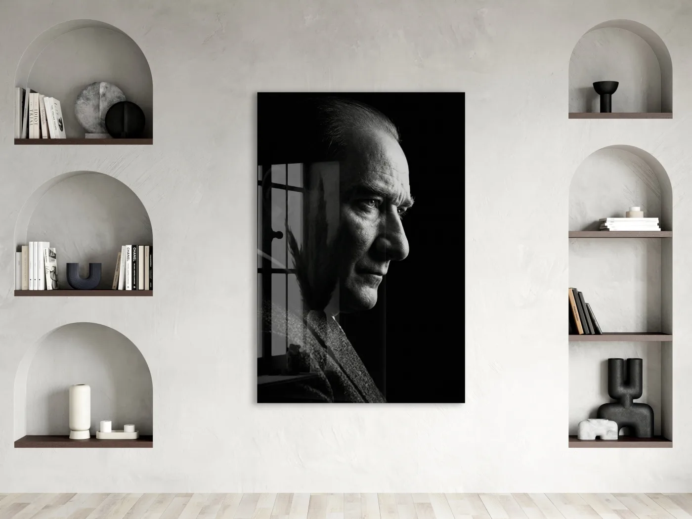 Mustafa Kemal Atatürk Siyah Beyaz Cam Tablo | 4 mm Temperli UV Baskılı Premium Duvar Dekoru-PeonyAta1301 — görsel 2
