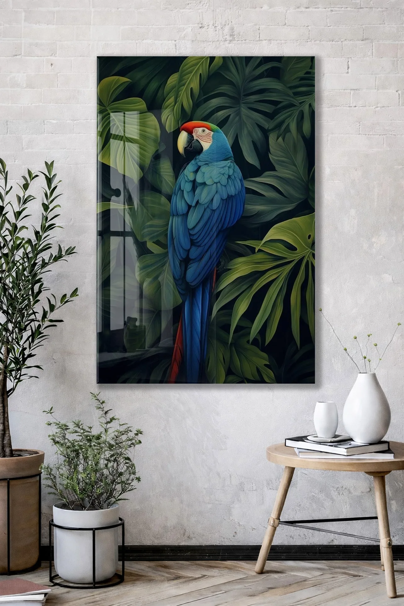Tropikal Papağan Cam Duvar Tablosu – Yeşil Yapraklı Modern Tasarım - Peony119 — görsel 2