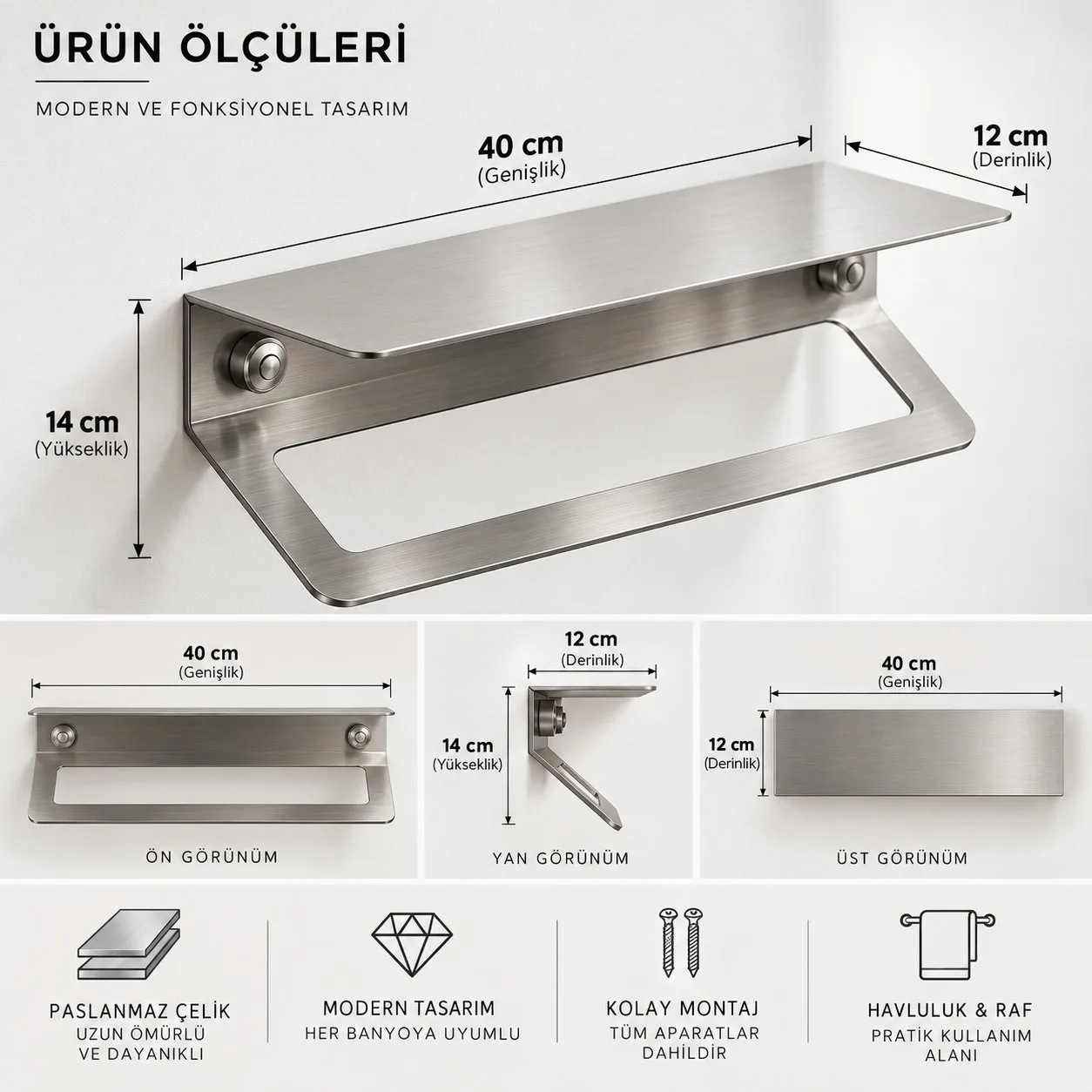 Vetra | Paslanmaz Çelik Havluluk ve Banyo Duvar Rafı – 40 cm Fırçalı Metal Modern Raflı Havlu Askısı — görsel 6