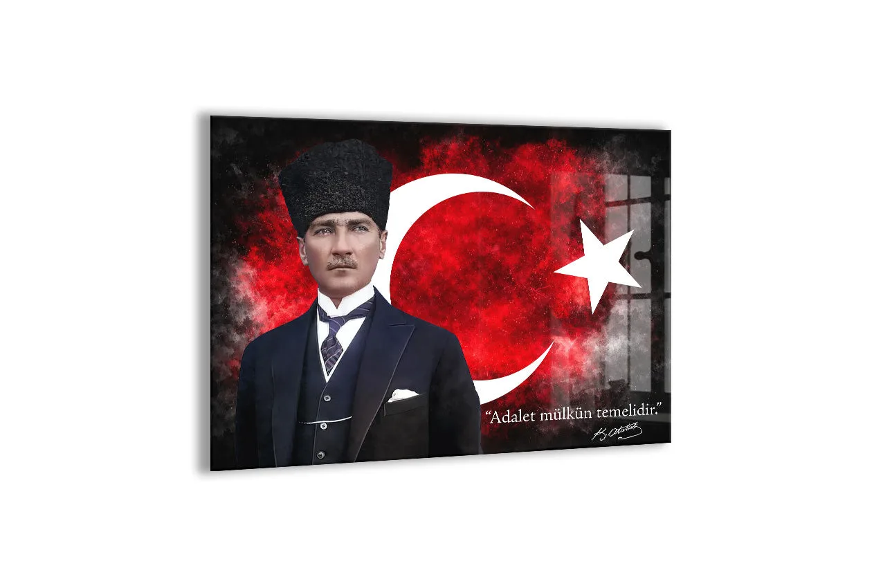 Kalpaklı Mustafa Kemal Atatürk Cam Tablo | “Adalet Mülkün Temelidir” 4 mm Temperli UV Baskılı -PeonyAta1312 — görsel 1