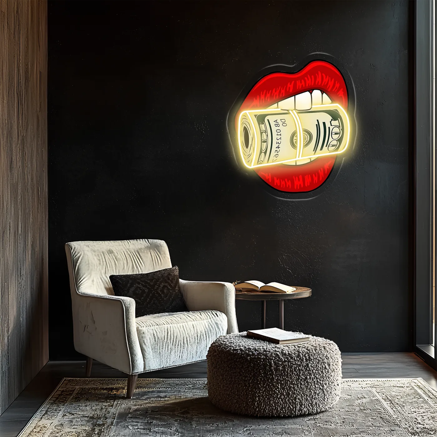 Pop Art Dudak Neon Duvar Dekoru | Para Rulosu Isıran Dudak Tasarımı | Işıklı LED Pleksi Duvar Sanatı — görsel 5