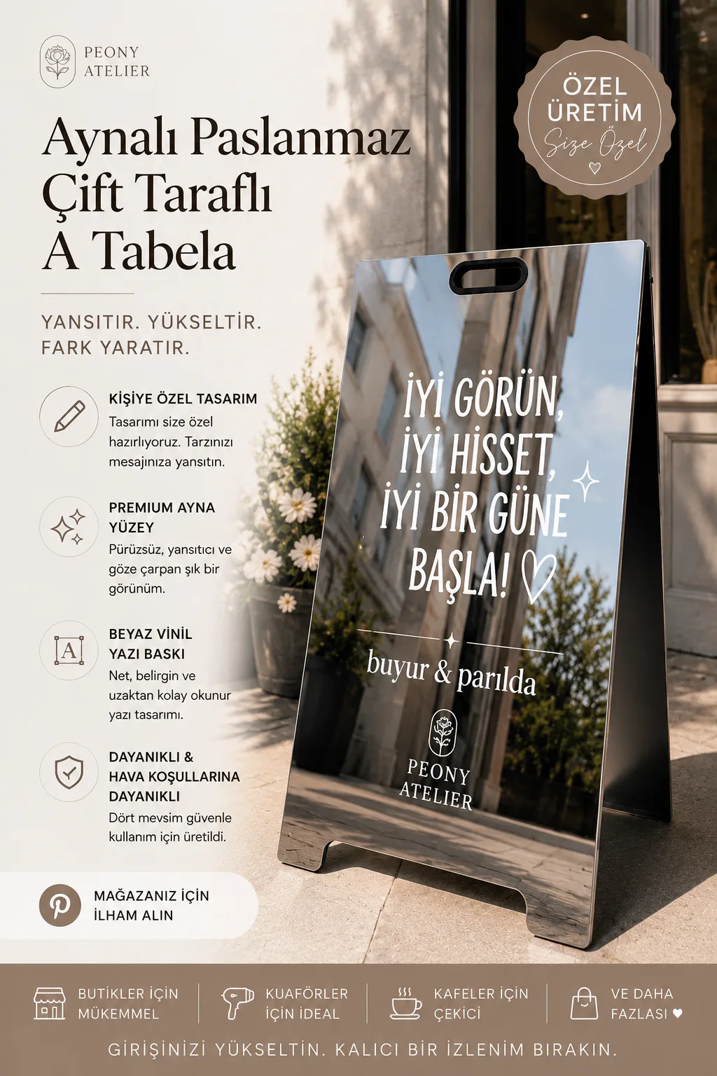 Aynalı Paslanmaz A Tabela | Dış Mekan Metal Kaldırım Tabelası | 3 Farklı Boy | İşletme Önü Reklam Tabelası — görsel 3