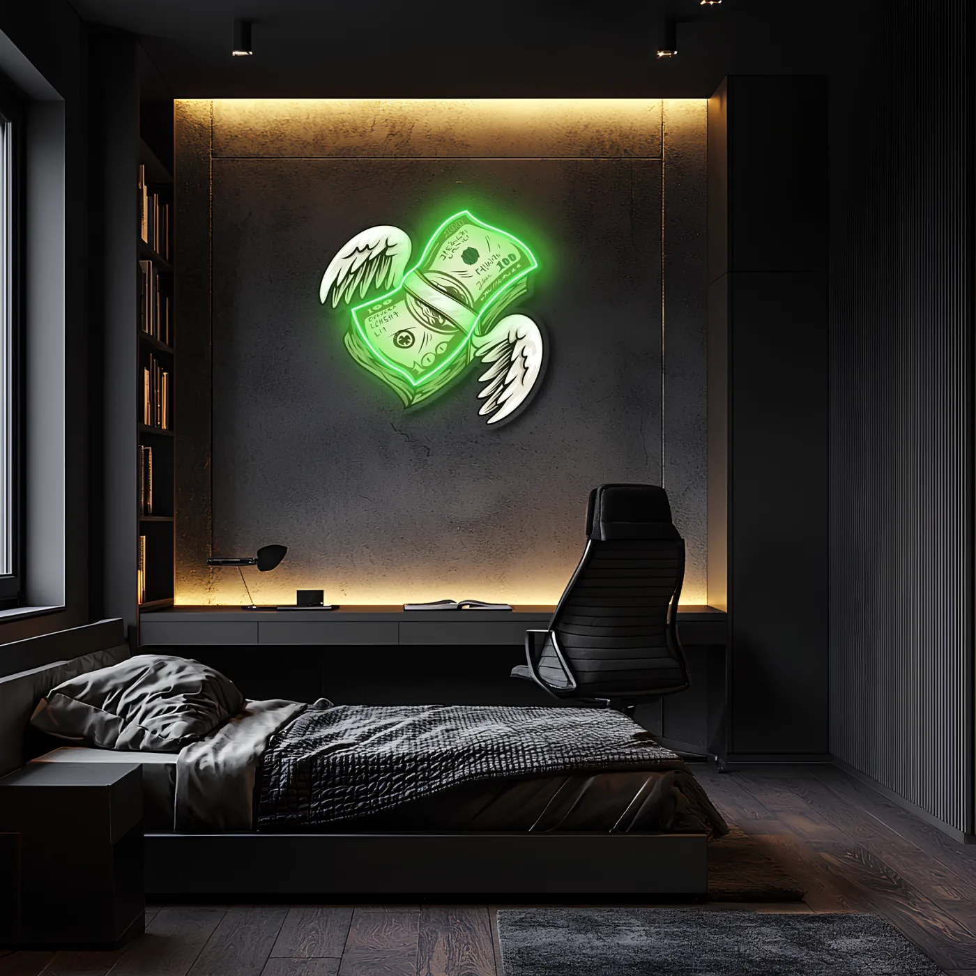 Uçan Para Neon Duvar Dekoru | Yeşil Işıklı Pleksi Tablo | Gamer Room ve Ofis İçin Modern Duvar Sanatı — görsel 1
