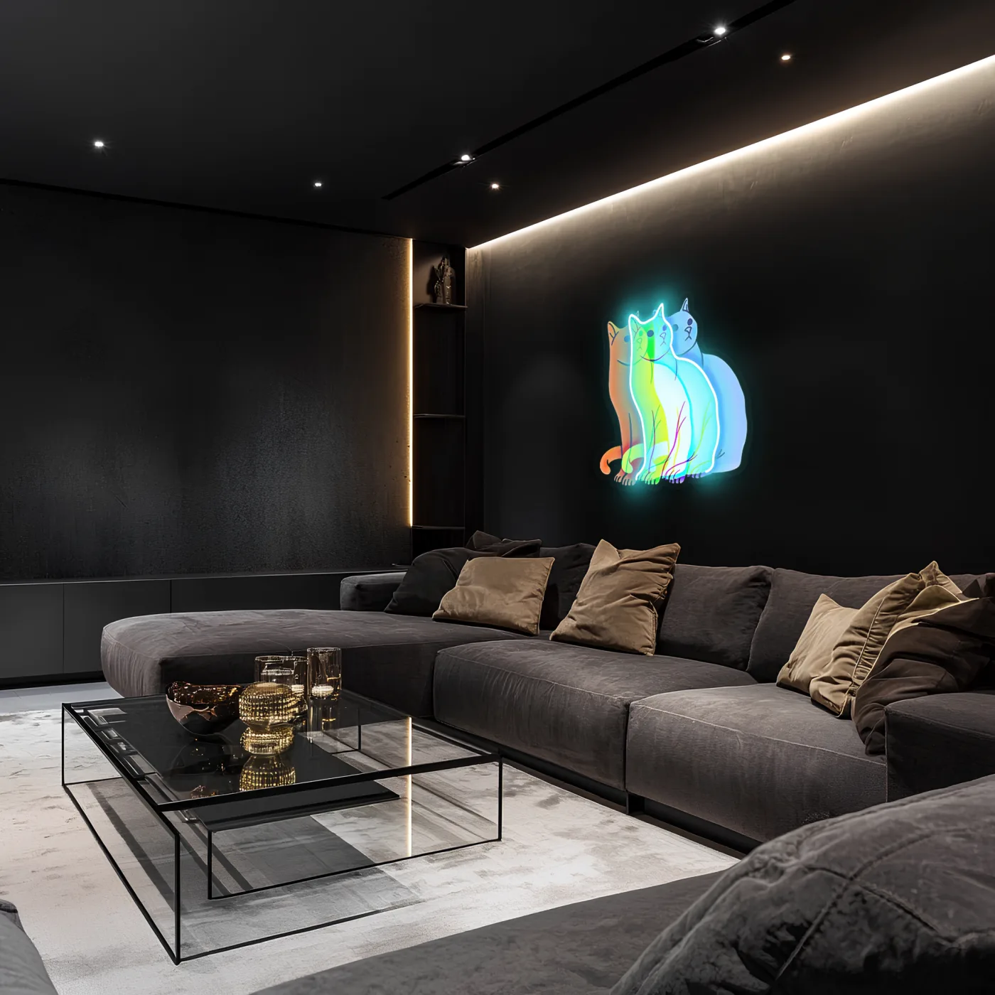 Üç Renkli Kedi Neon Duvar Dekoru | Gökkuşağı Işıklı Pleksi Tablo | Modern ve Minimalist Ev Dekoru — görsel 3