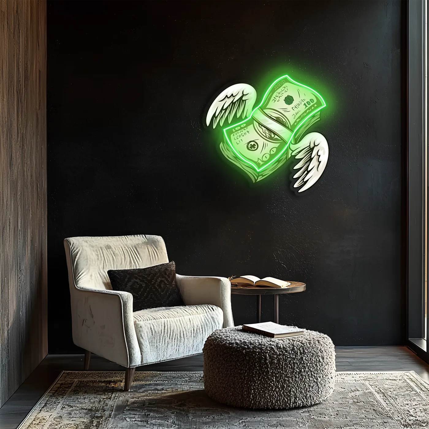 Uçan Para Neon Duvar Dekoru | Yeşil Işıklı Pleksi Tablo | Gamer Room ve Ofis İçin Modern Duvar Sanatı — görsel 5