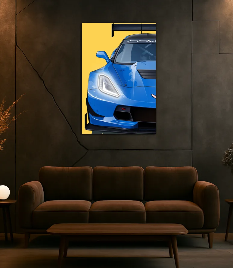 Mavi Corvette Tarzı Yarış Araba UV Baskı Neon Duvar Dekoru | Pleksi Işıklı Spor Araba Tablo | Modern Ev Dekoru — görsel 1
