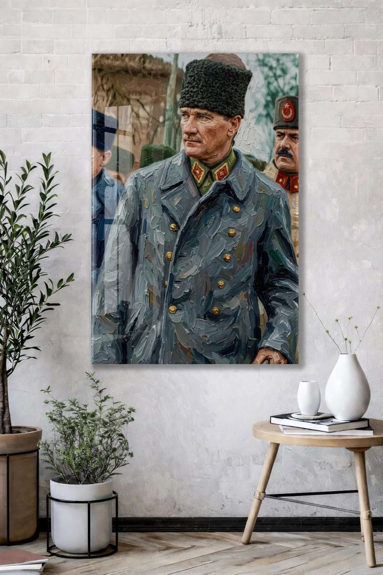 Kalpaklı Atatürk Cam Tablo – Asker Üniformalı Yağlı Boya Görünümlü Atatürk Tablosu-PeonyAta1347 — görsel 2
