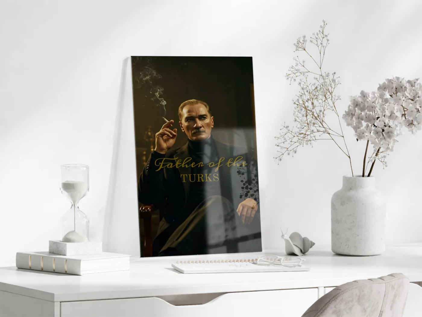 Father of the Turks Atatürk Cam Tablo | Gold Yazı Detaylı Modern Portre, Premium UV Baskı Temperli Cam Atatürk Duvar Dekoru PeonyAta051 — görsel 4