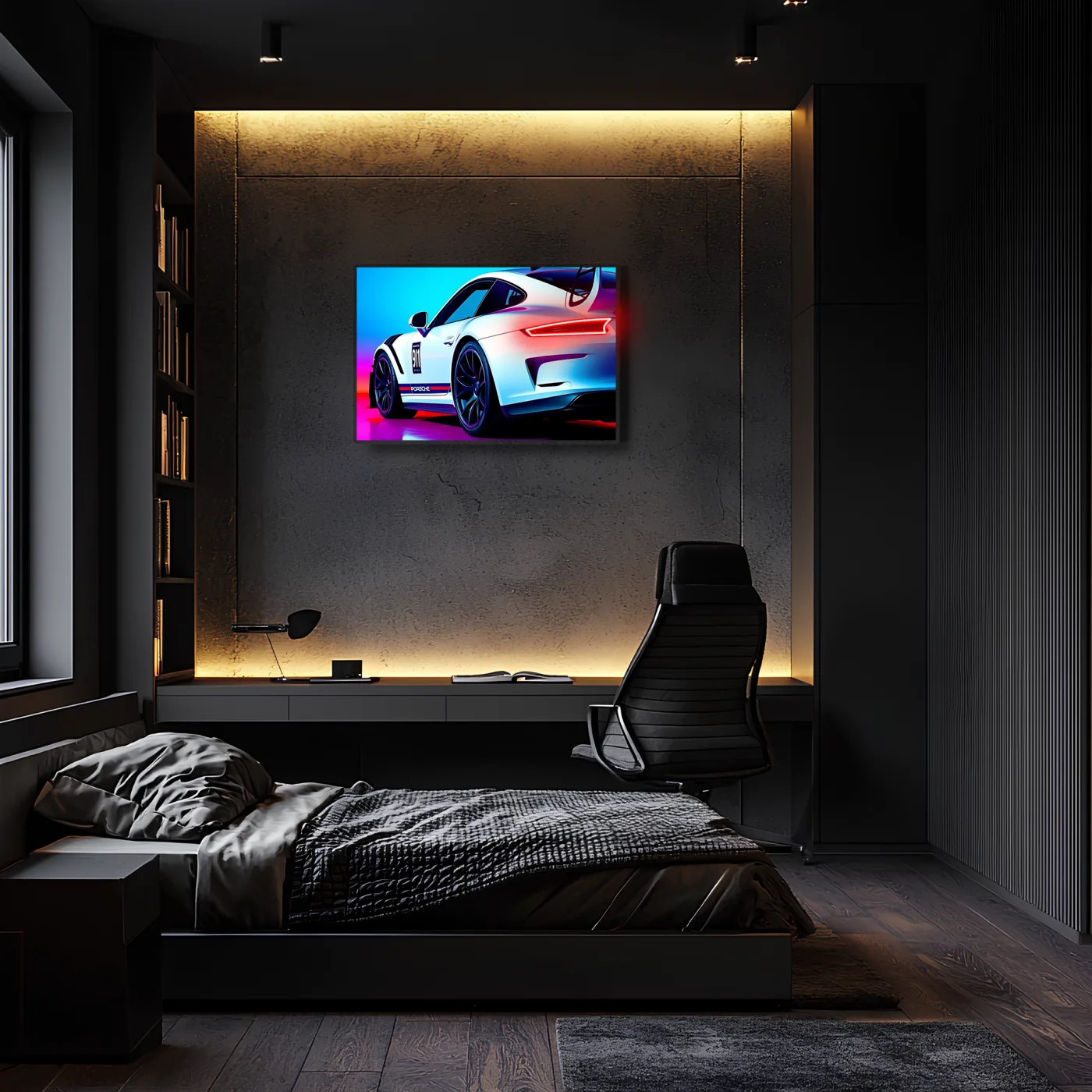 Beyaz GT Yarış Araba UV Baskı Neon Duvar Dekoru | Pleksi Işıklı Spor Araba Tablo | Gamer Room Duvar Sanatı — görsel 1