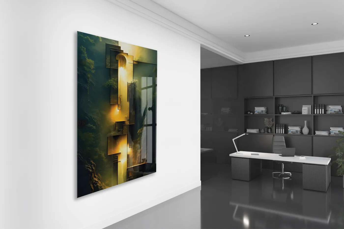 Altın Işık ve Geometrik Formlar Cam Tablo – Modern, Derinlikli ve Şık Duvar Sanatı - Peony025 — görsel 4