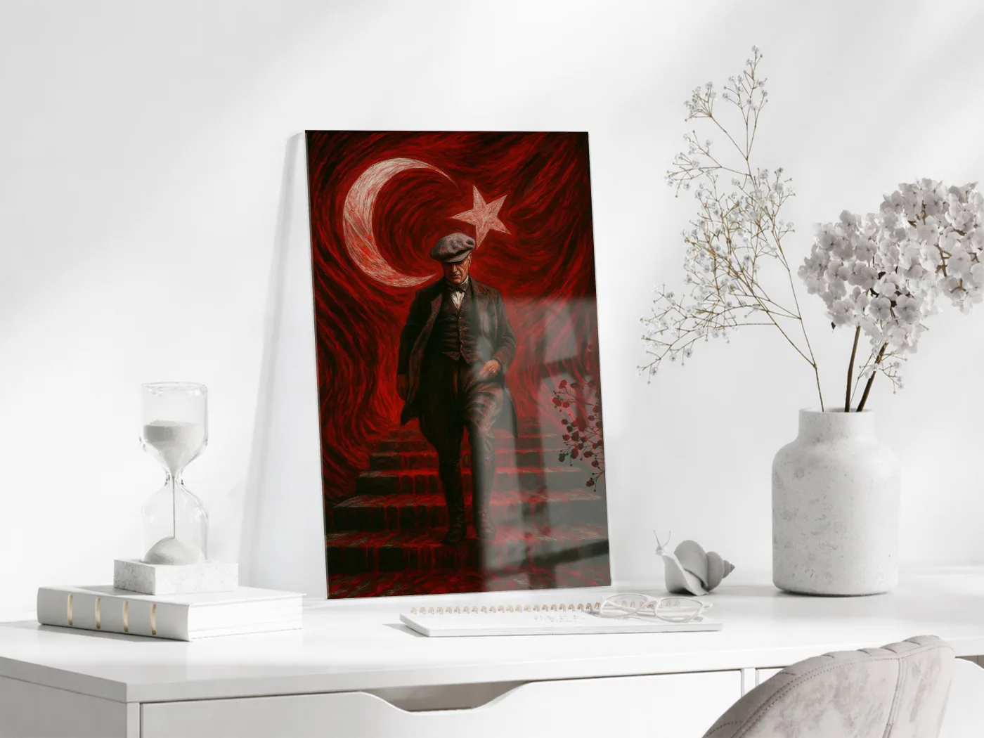 Atatürk Sanatsal Cam Tablo – Ay Yıldızlı Kırmızı Fonlu Devrim Temalı Duvar Sanatı -PeonyAta062 — görsel 4