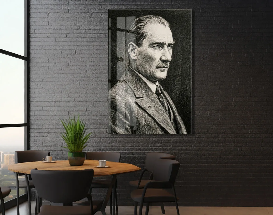Mustafa Kemal Atatürk Karakalem Cam Tablo | Sanatsal 4 mm Temperli UV Baskılı Duvar Dekoru -PeonyAta1307 — görsel 5