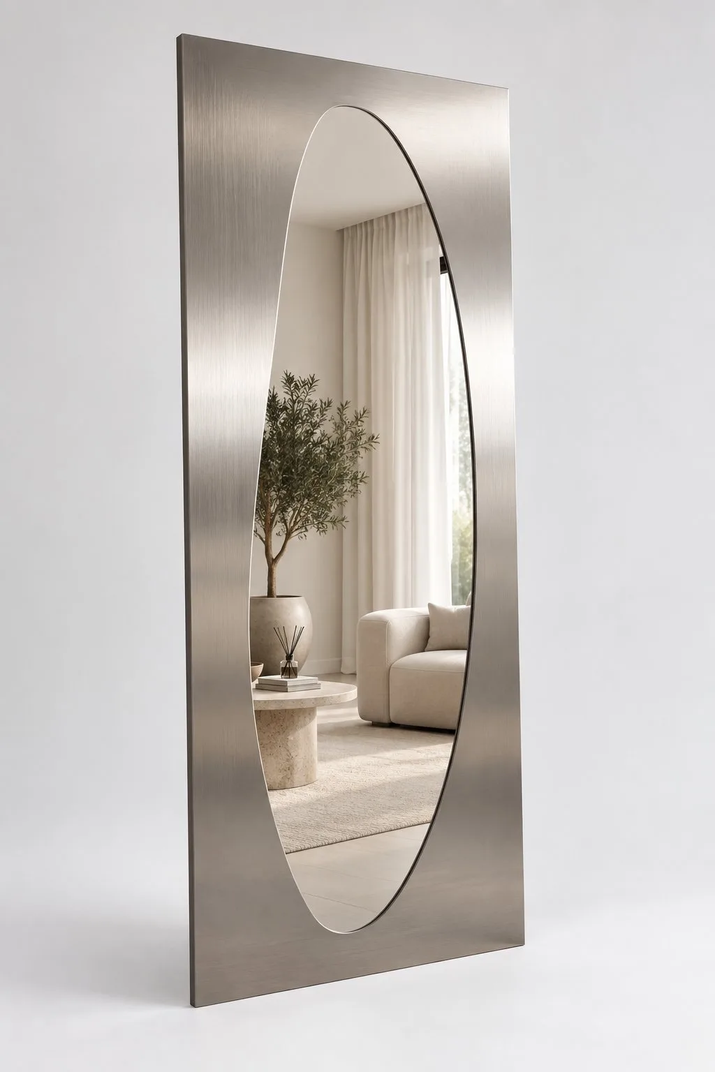 Liora | Paslanmaz Çelik Boy Aynası – 60x160 cm Fırçalı Metal Çerçeveli Asimetrik Dekoratif Duvar Aynası 2 cm Kıvrımlı Modern Tasarım — görsel 1