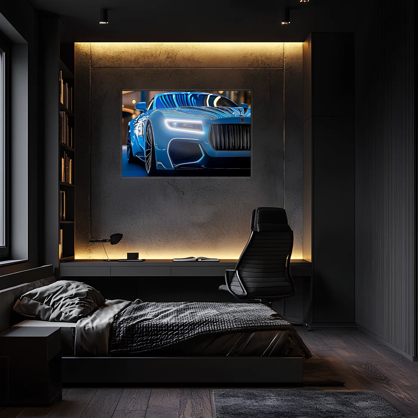 Mavi Spor Araba UV Baskı Neon Duvar Dekoru | Gamer Room Pleksi Işıklı Tablo | Modern Araba Temalı Duvar Sanatı — görsel 1