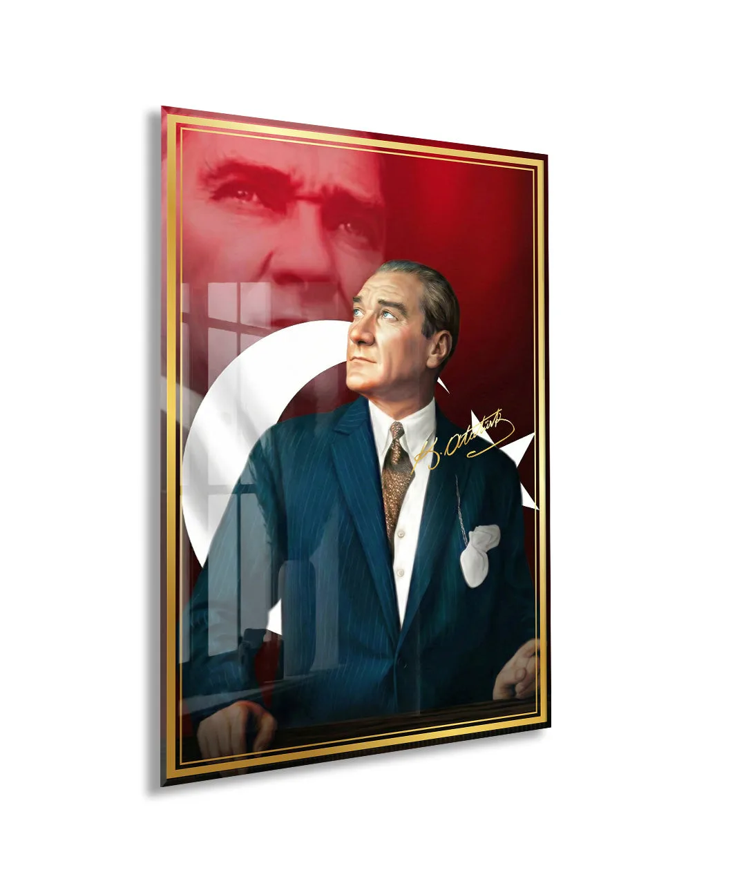 Mustafa Kemal Atatürk Türk Bayraklı Cam Tablo | İmzalı 4 mm Temperli UV Baskılı Premium Duvar Tablosu -PeonyAta1304 — görsel 1