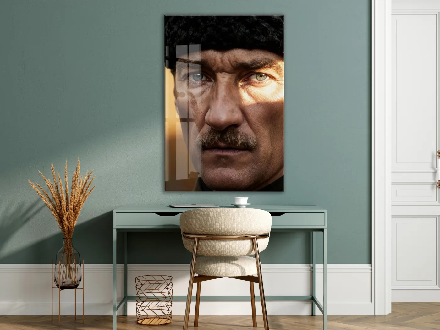 Mustafa Kemal Atatürk Portre Cam Tablo – Siyah Beyaz Derin Bakışlı Modern Duvar Dekoru -PeonyAta069 — görsel 7