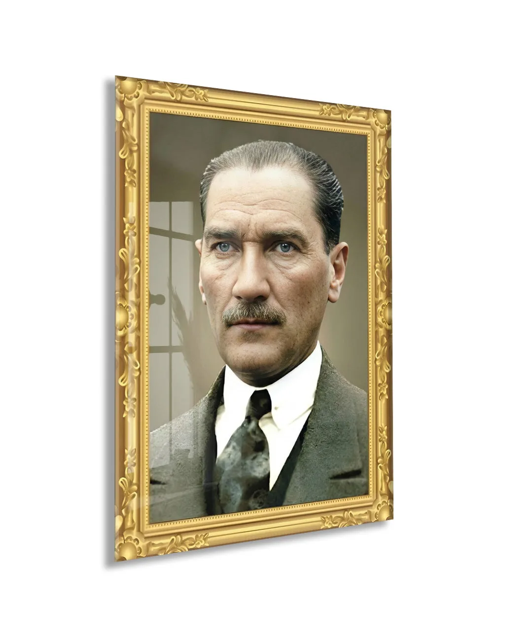 Mustafa Kemal Atatürk Klasik Portre Cam Tablo | Altın Çerçeve Görünümlü 4 mm Temperli UV Baskılı -PeonyAta1311 — görsel 1