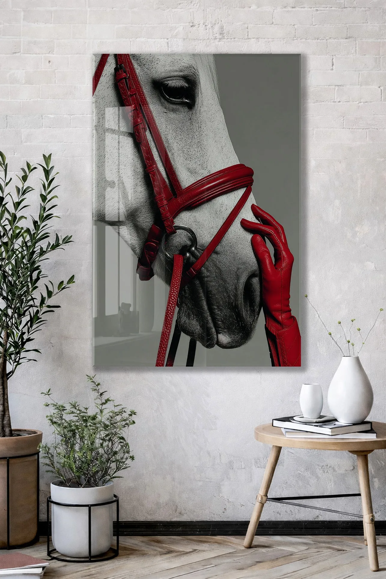“Soylu Ruh” – Modern Beyaz At Sanat Cam Tablosu - Peony066 — görsel 3