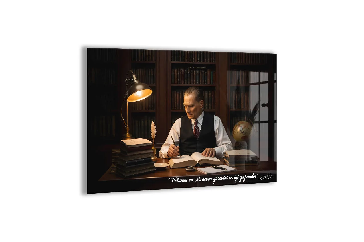 Mustafa Kemal Atatürk Çalışma Masası Cam Tablo | İmzalı Premium Cam Poster -PeonyAta1322 — görsel 1