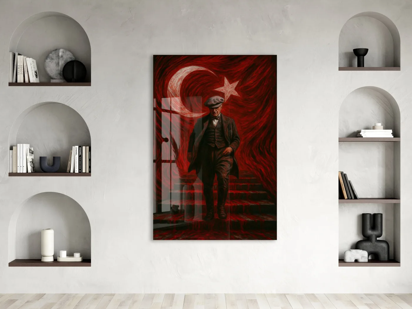 Atatürk Sanatsal Cam Tablo – Ay Yıldızlı Kırmızı Fonlu Devrim Temalı Duvar Sanatı -PeonyAta062 — görsel 3