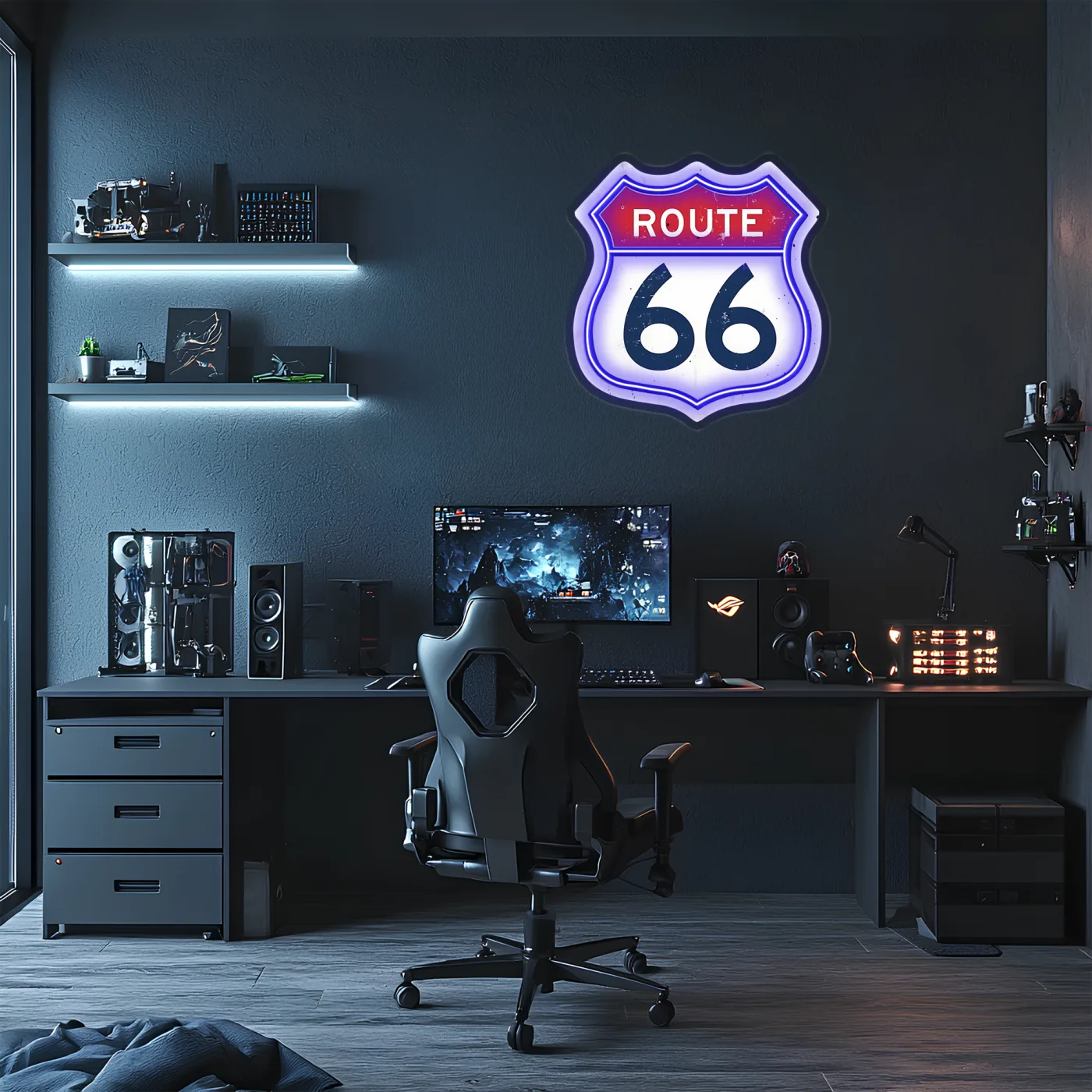 Route 66 Neon Duvar Dekoru | Retro Amerikan Karayolu Temalı LED Işıklı Tabela | Gamer & Bar Dekorasyonu — görsel 2