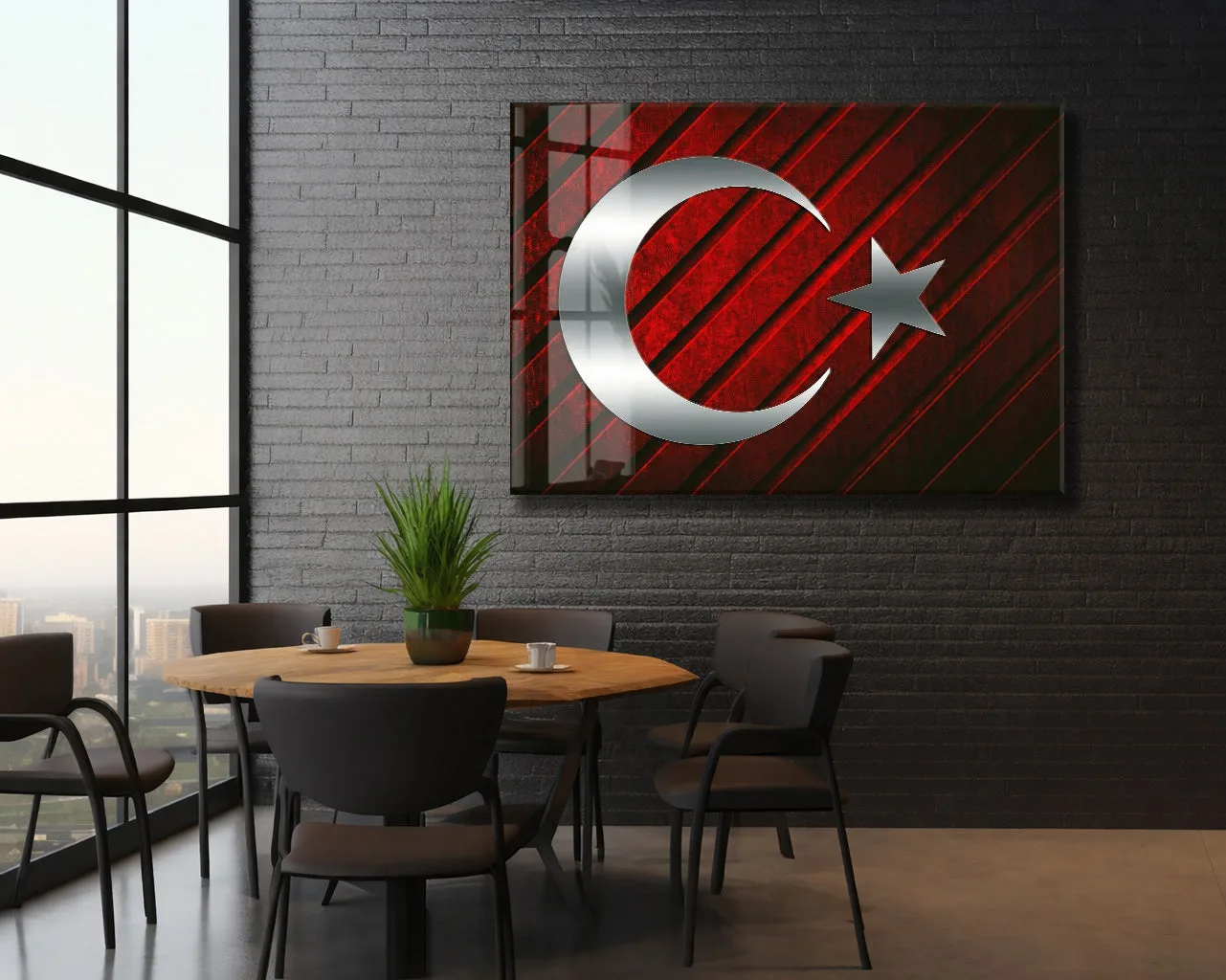 Modern Türk Bayrağı Cam Tablo | Metalik Ay Yıldız Tasarımlı 4 mm Temperli UV Baskılı Duvar Dekoru -PeonyAta1316 — görsel 5