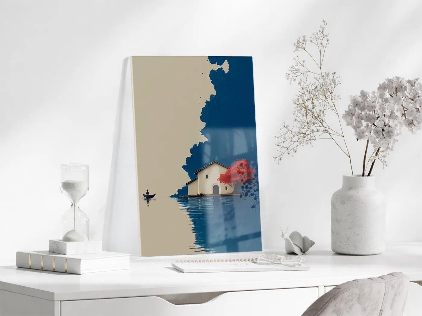 Minimal Göl Evi Manzarası – Kırmızı Ağaçlı Modern Duvar Tablosu - Peony133 — görsel 4