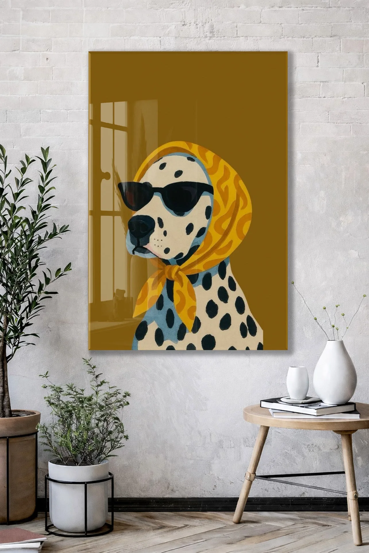 Retro Stil Köpek Tablosu – Hardal Zeminli Dekoratif Baskı - Peony126 — görsel 2