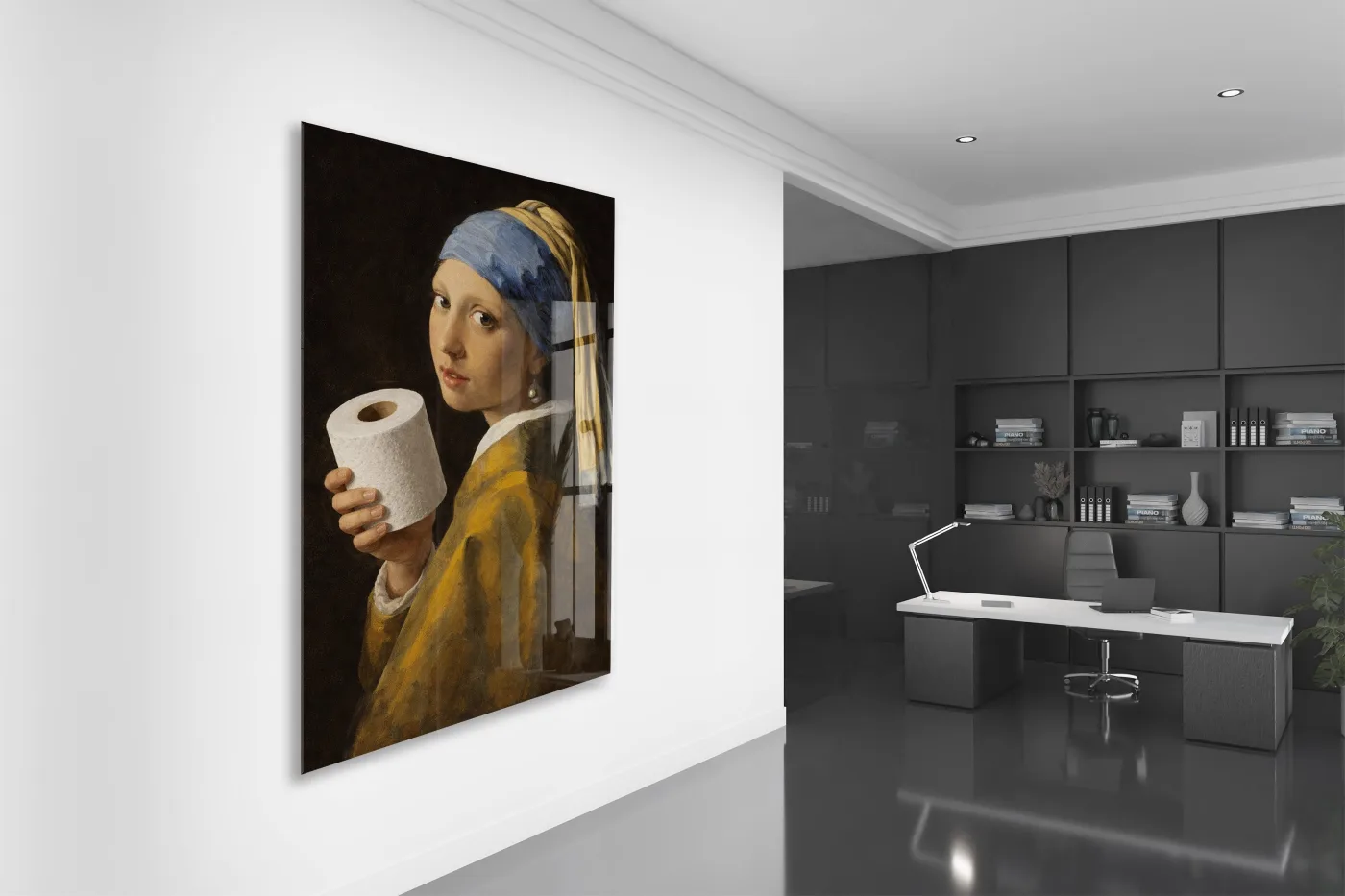 Banyo Dekoruna Özel Mizahi Cam Tablo – Klasik Sanat Modern Dokunuş- Peony091 — görsel 5