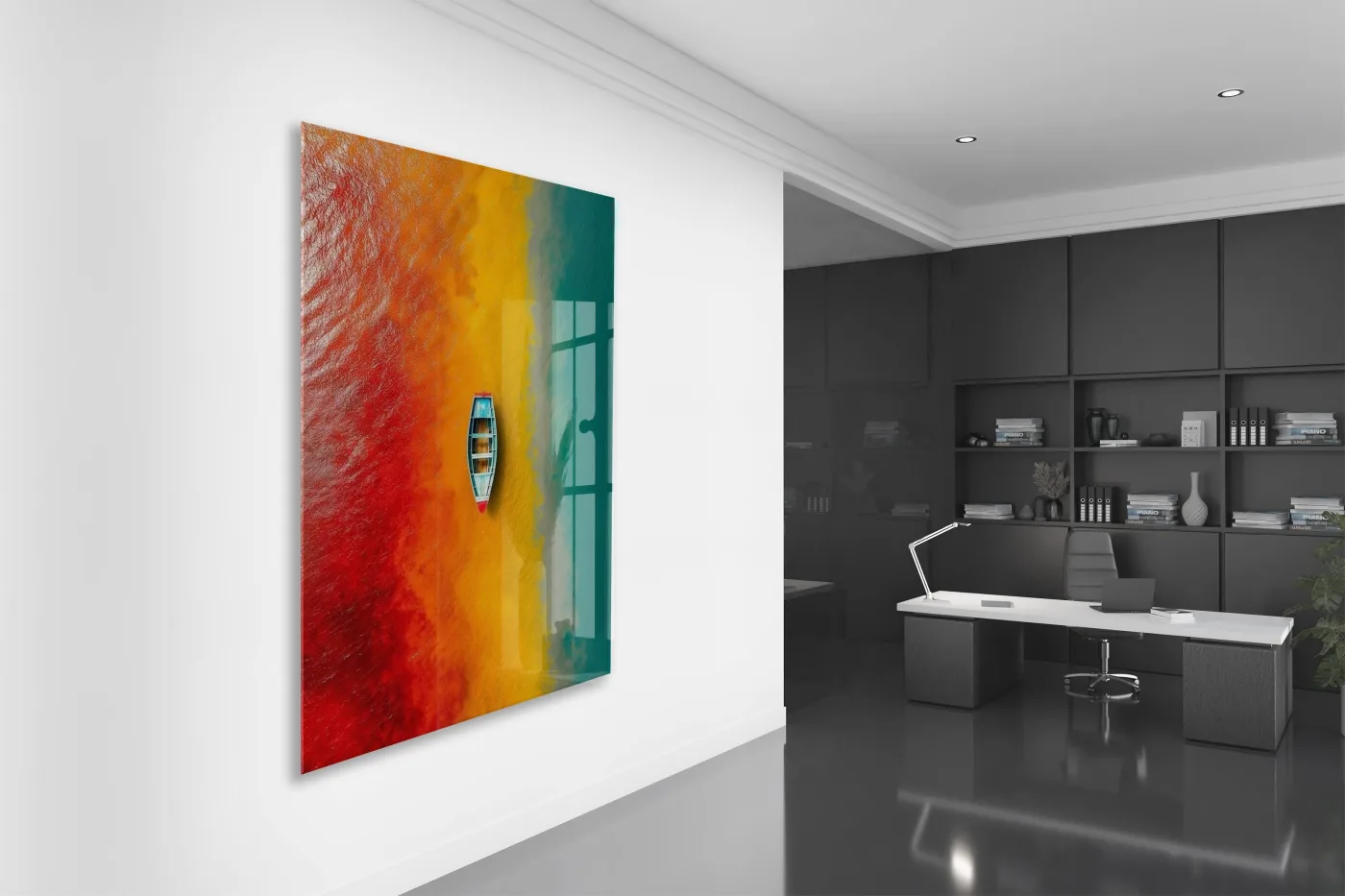 Kırmızı, Sarı ve Turkuaz Geçişli Deniz – Minimal Tekne Duvar Tablosu - Peony136 — görsel 5