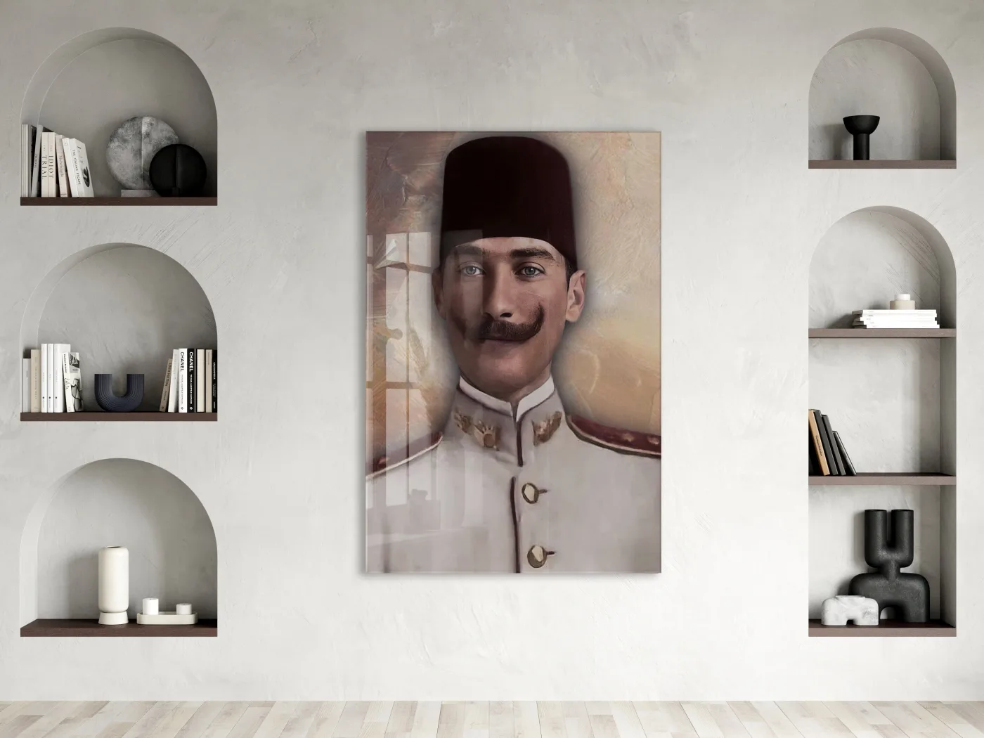 Atatürk Cam Tablo – Fesli Portre Tasarımı, 4 mm Temperli Cam Üzerine Modern ve Klasik Duvar Dekoru -PeonyAta1020 — görsel 2