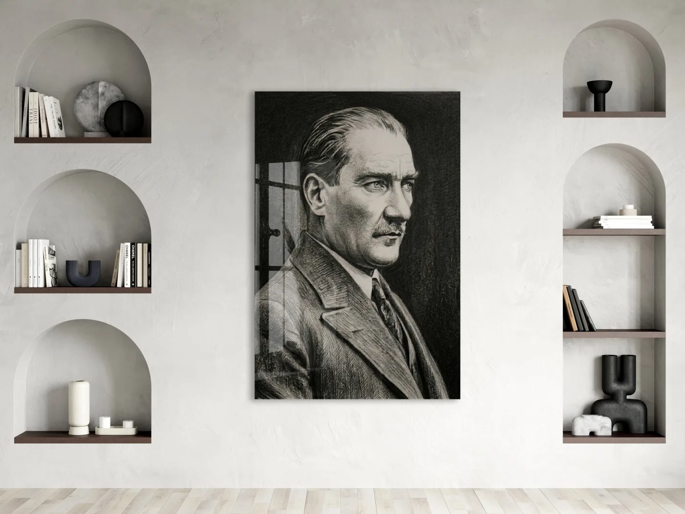 Mustafa Kemal Atatürk Karakalem Cam Tablo | Sanatsal 4 mm Temperli UV Baskılı Duvar Dekoru -PeonyAta1307 — görsel 2