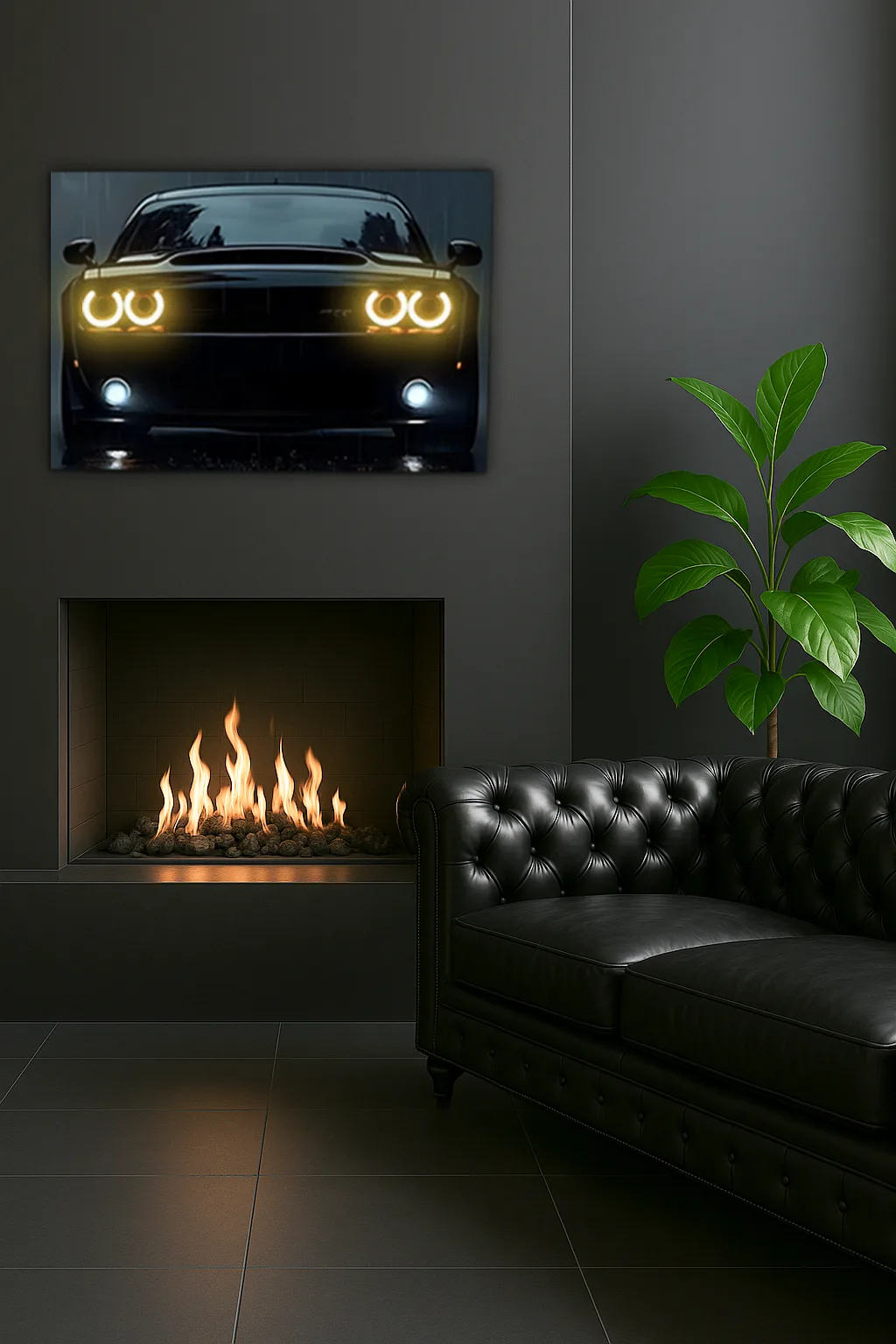 Siyah Muscle Car UV Baskı Neon Duvar Dekoru | Pleksi Işıklı Araba Tablo | Güçlü Far Efektli Modern Duvar Sanatı — görsel 3